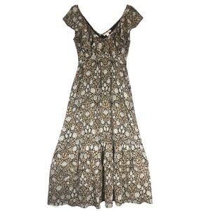 BANJANAN Floral Maxi Dress Sz S Tan Black Ruffle Neck Tiered 100% Cotton Cottage